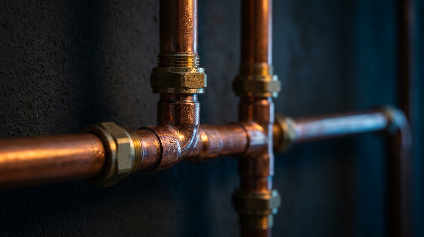 Copper pipework and brass fittings in warm light