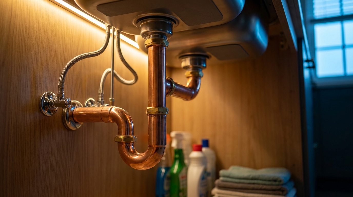 Copper pipework and traps under a bathroom vanity