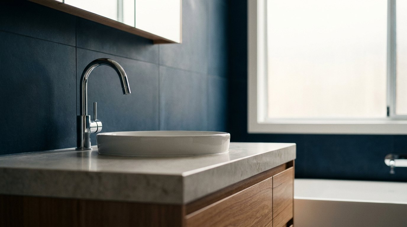 A finished bathroom vanity with dark tiling