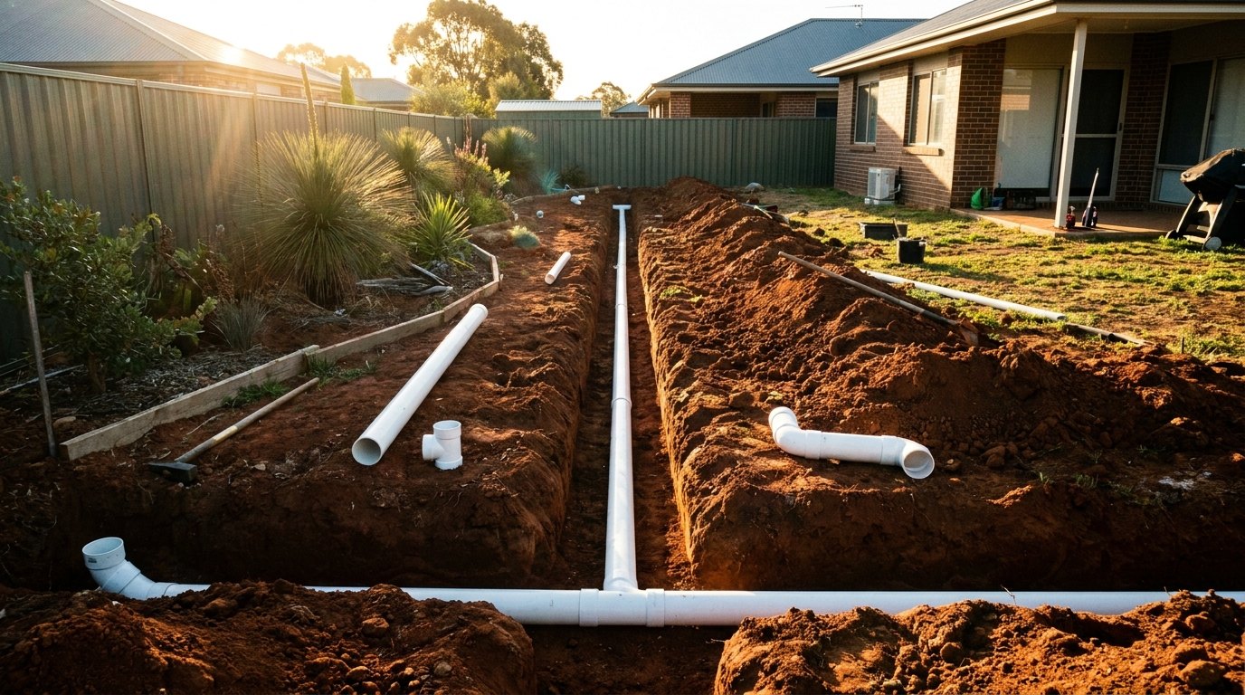 New stormwater drainage lines trenched into a backyard at golden hour