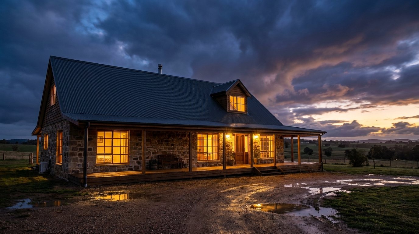 A country homestead lit up at dusk