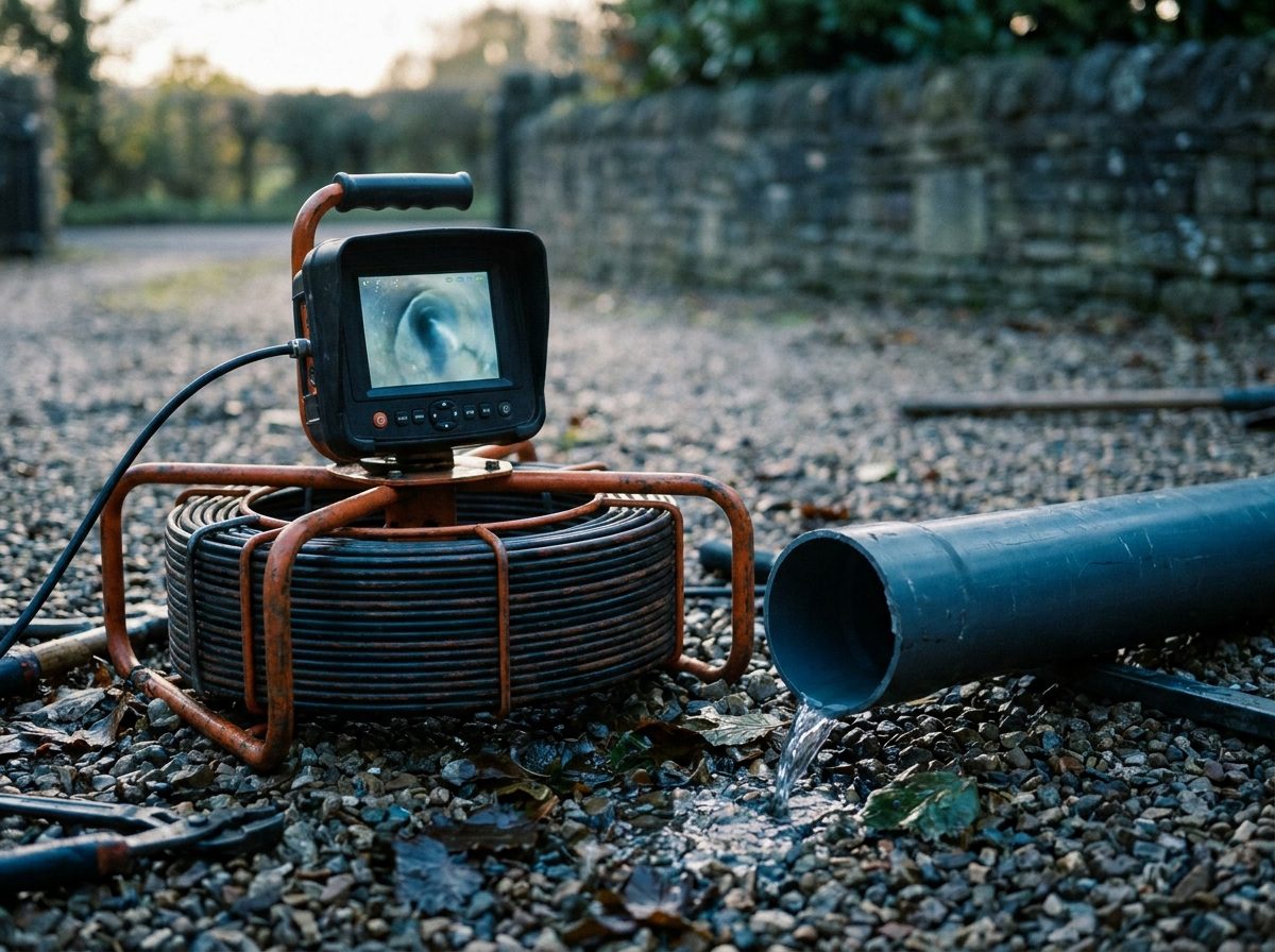 A drain camera and reel beside a stormwater pipe on a job